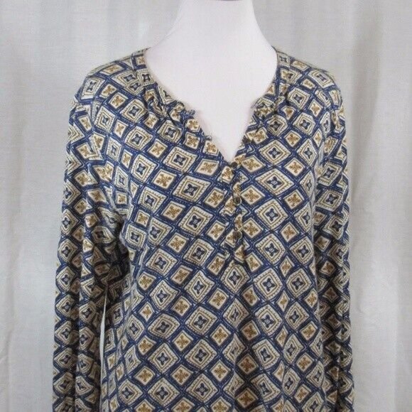 Lucky Brand Top S Blue Green Print Cotton Blend Popover - Picture 2 of 5